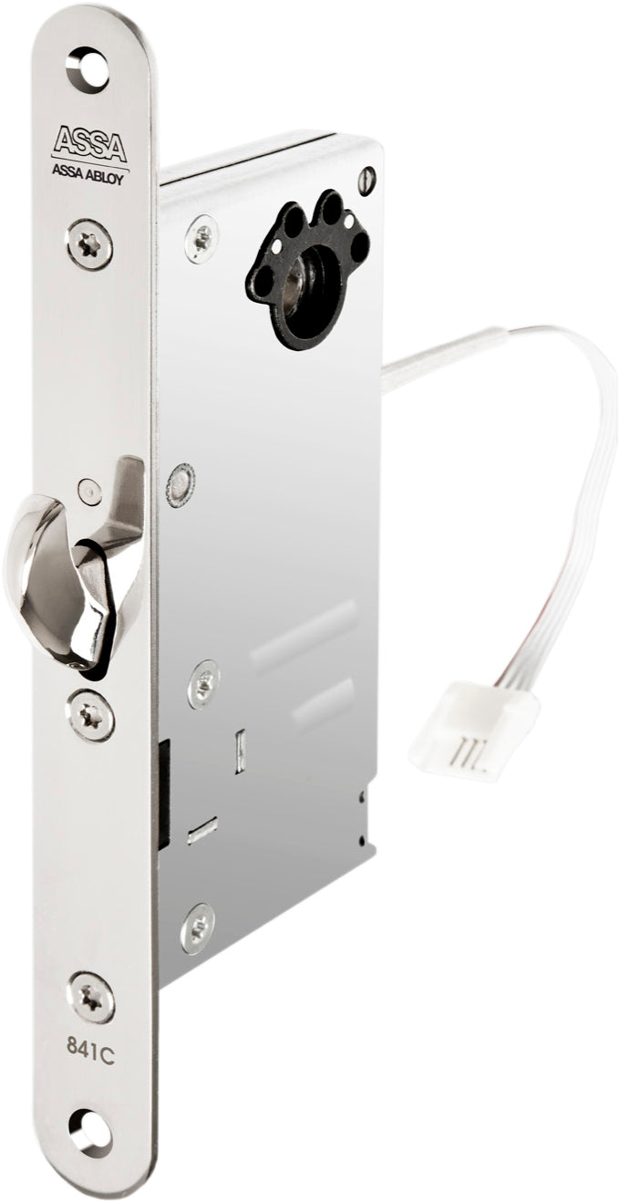Svenssonsbeslag - ASSA 841C-50 motorlås för högsäkerhetsdörrar – elstyrt lås med hakregel, godkänt enligt SSF 3522 för kommersiella och offentliga miljöer.