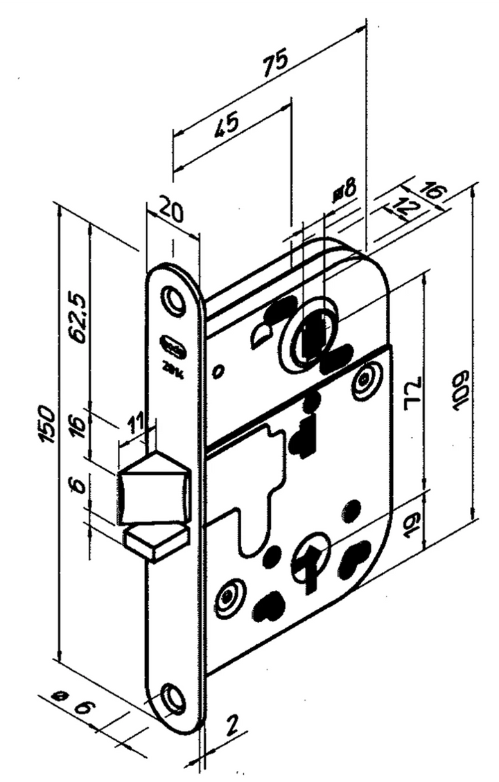 2014 innerdörrlås måttskiss