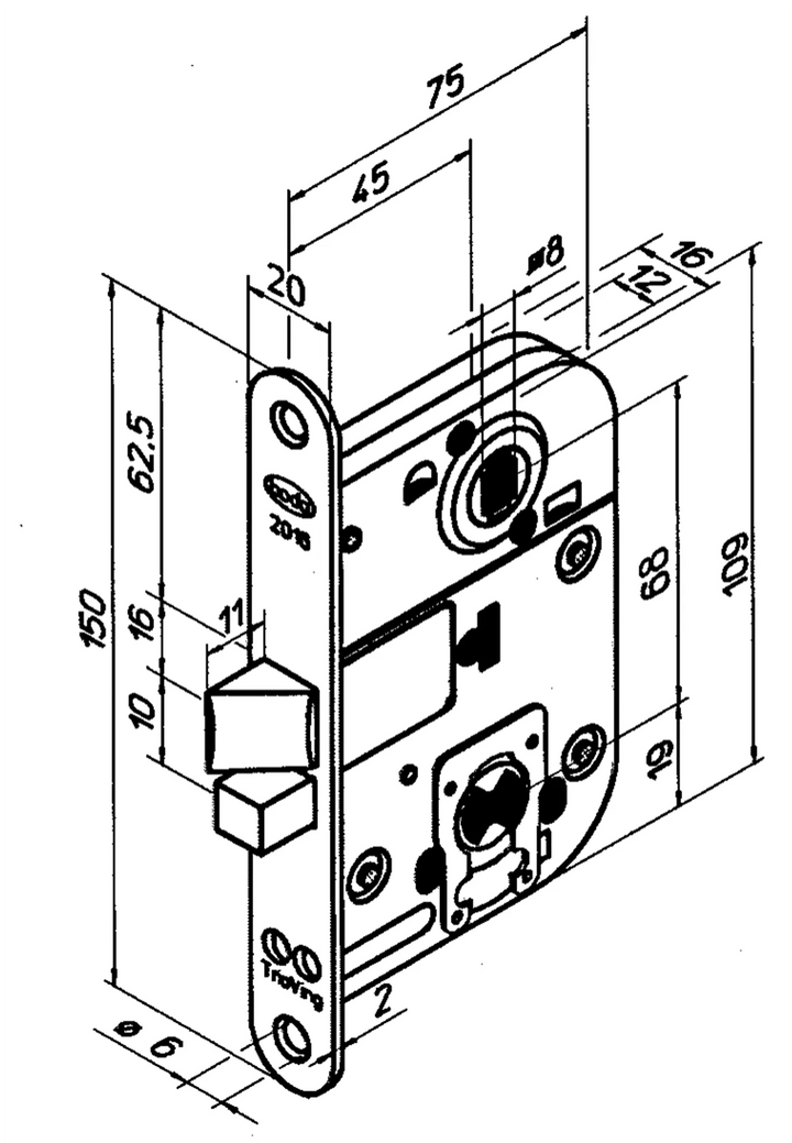 2016 innerdörrlås måttskiss