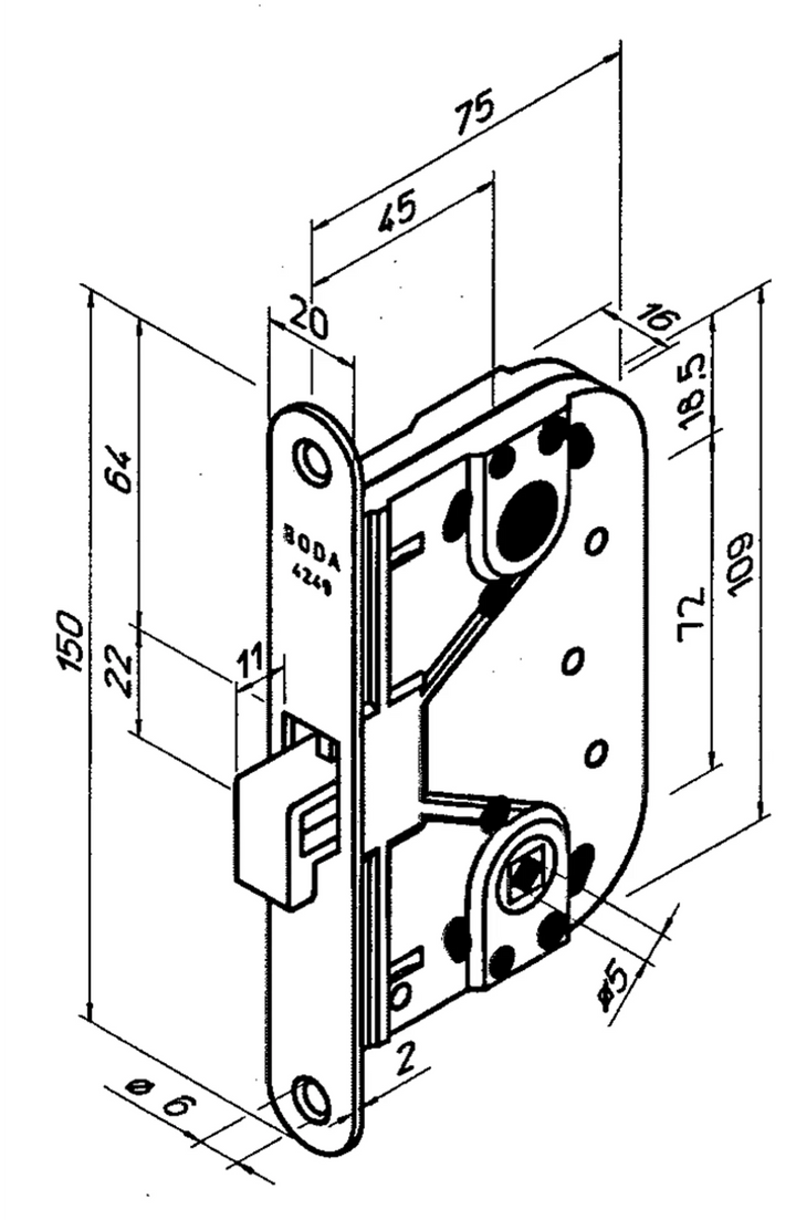 4249 innerdörrlås måttskiss