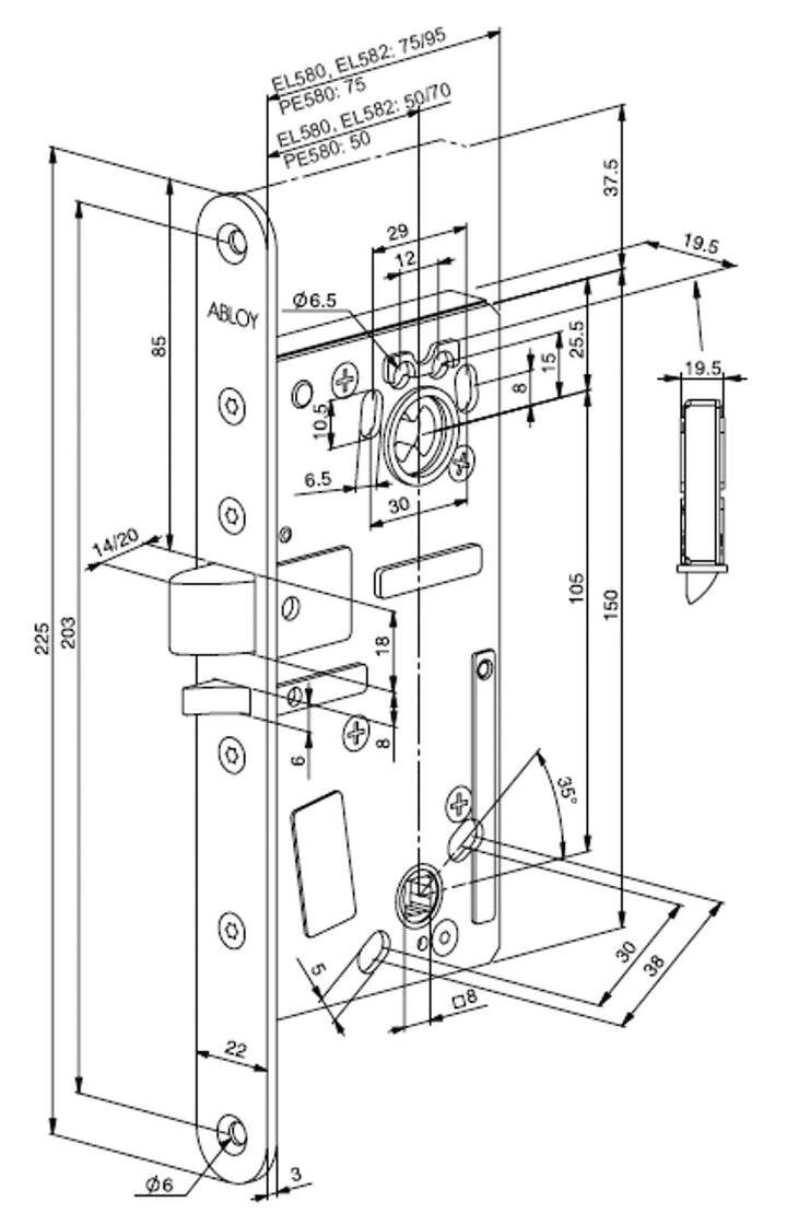 EL-PE580 & EL582 eltryckeslås måttskiss