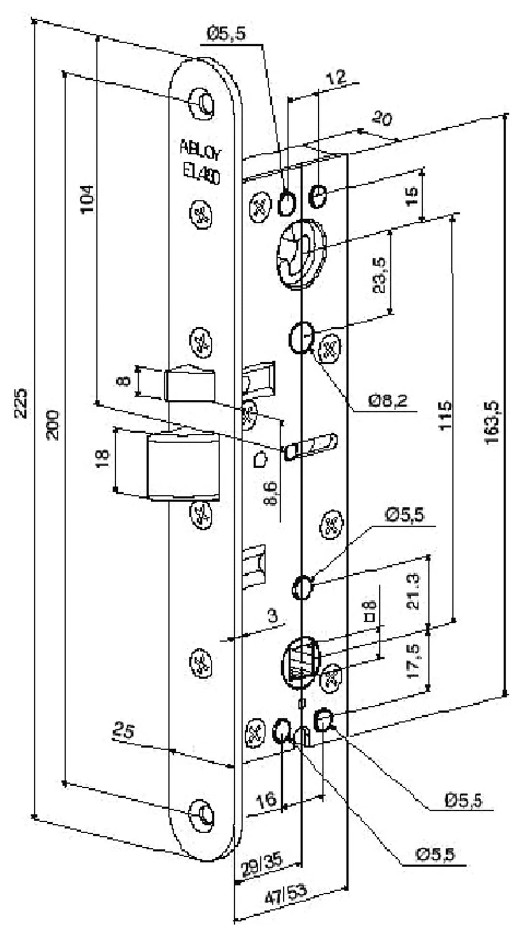 EL480 & 482 eltryckeslås måttskiss