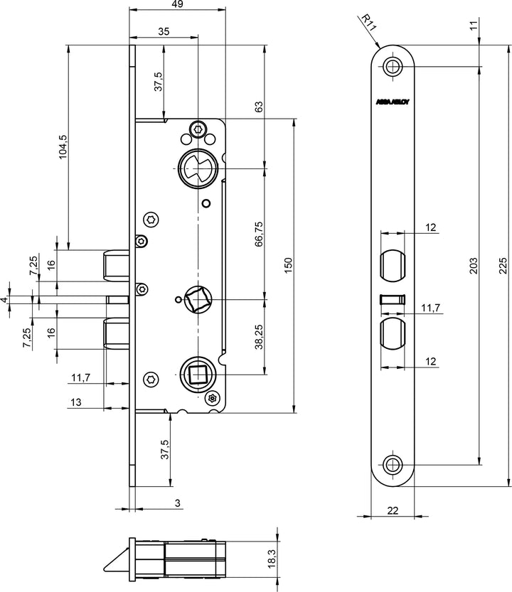 Låshus 722-35 - 727-35 - Måttskiss