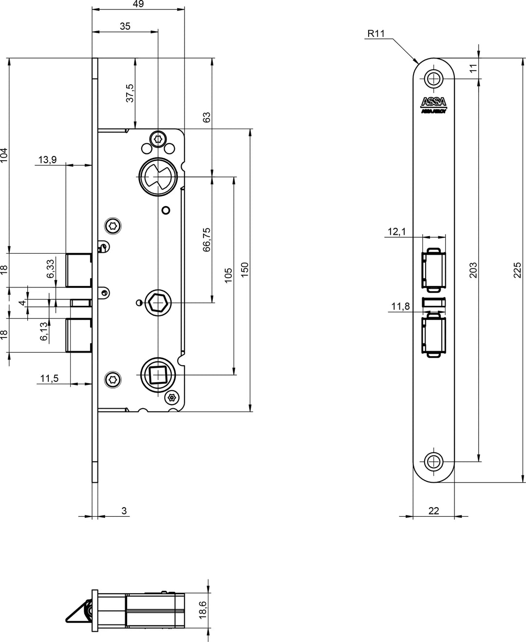 Låshus 762-35 1125 - Måttskiss