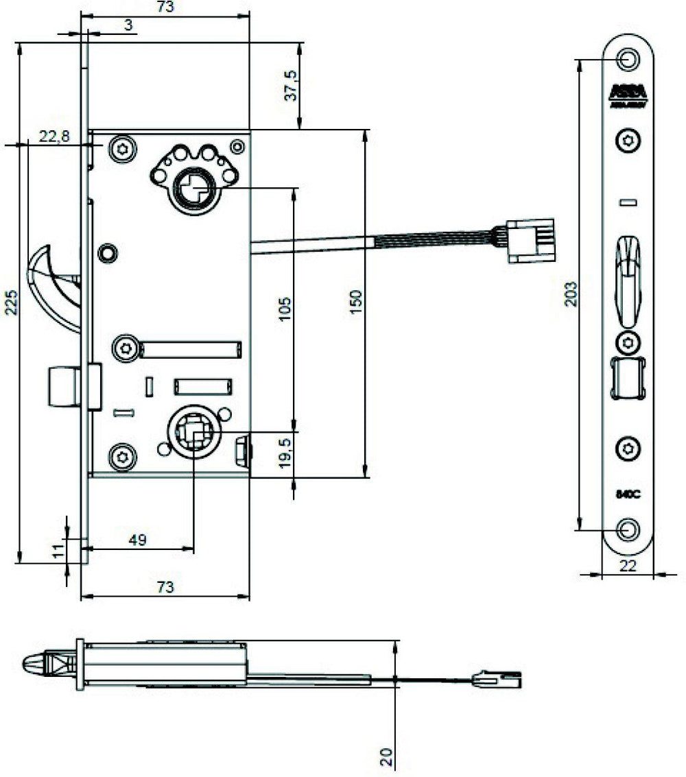 Måttskiss ASSA motorlås 840C-841C