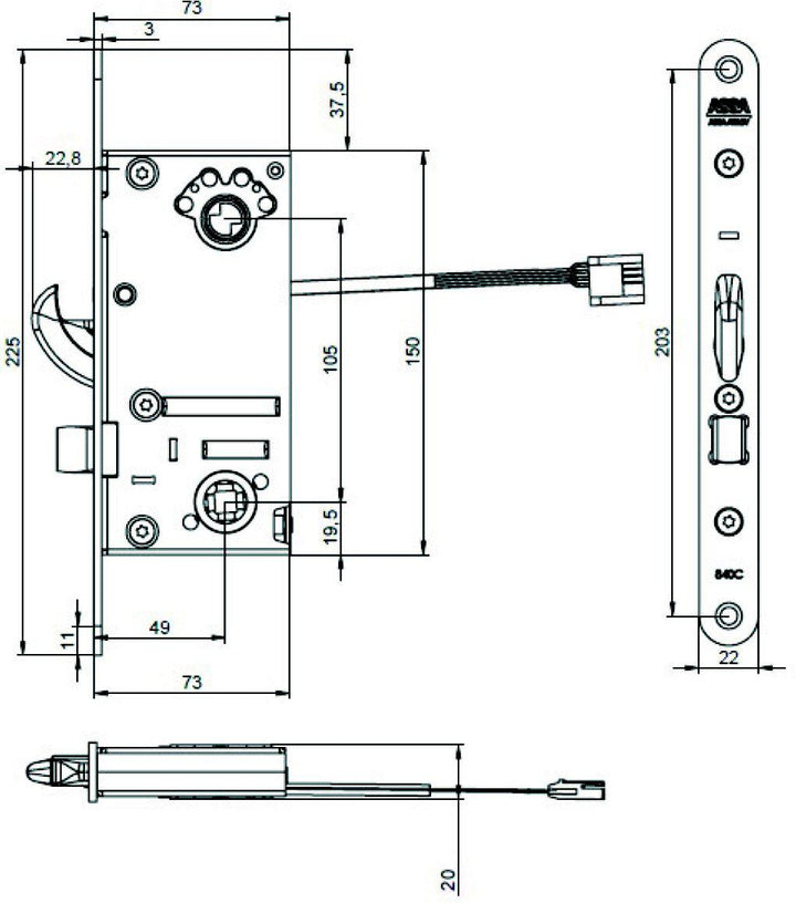 Måttskiss ASSA motorlås 840C-841C
