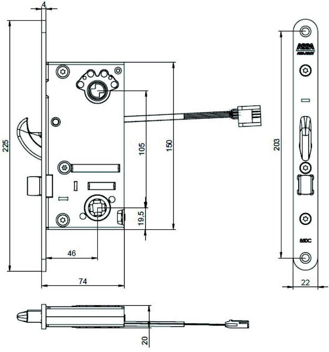 Måttskiss ASSA motorlås 850C-851C