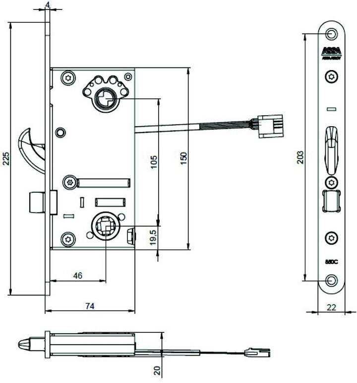 Måttskiss ASSA motorlås 850C-851C