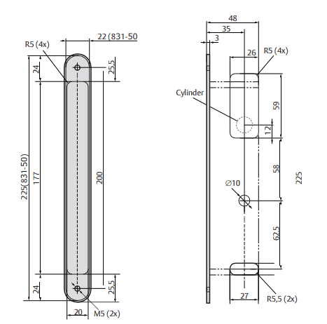 Måttskiss låshus 830C-831C