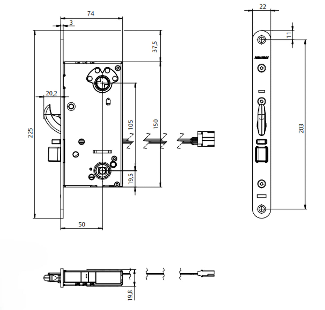 Måttskiss ASSA ABLOY Velox Eltryckeslås 820C-50