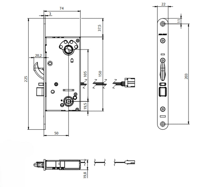 Måttskiss ASSA ABLOY Velox Eltryckeslås 825C-50