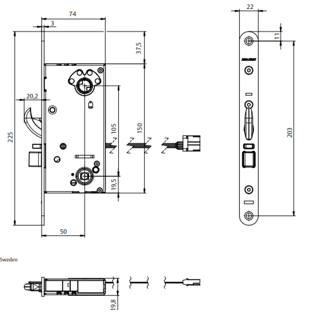 Måttskiss ASSA ABLOY Velox Eltryckeslås 835C-50
