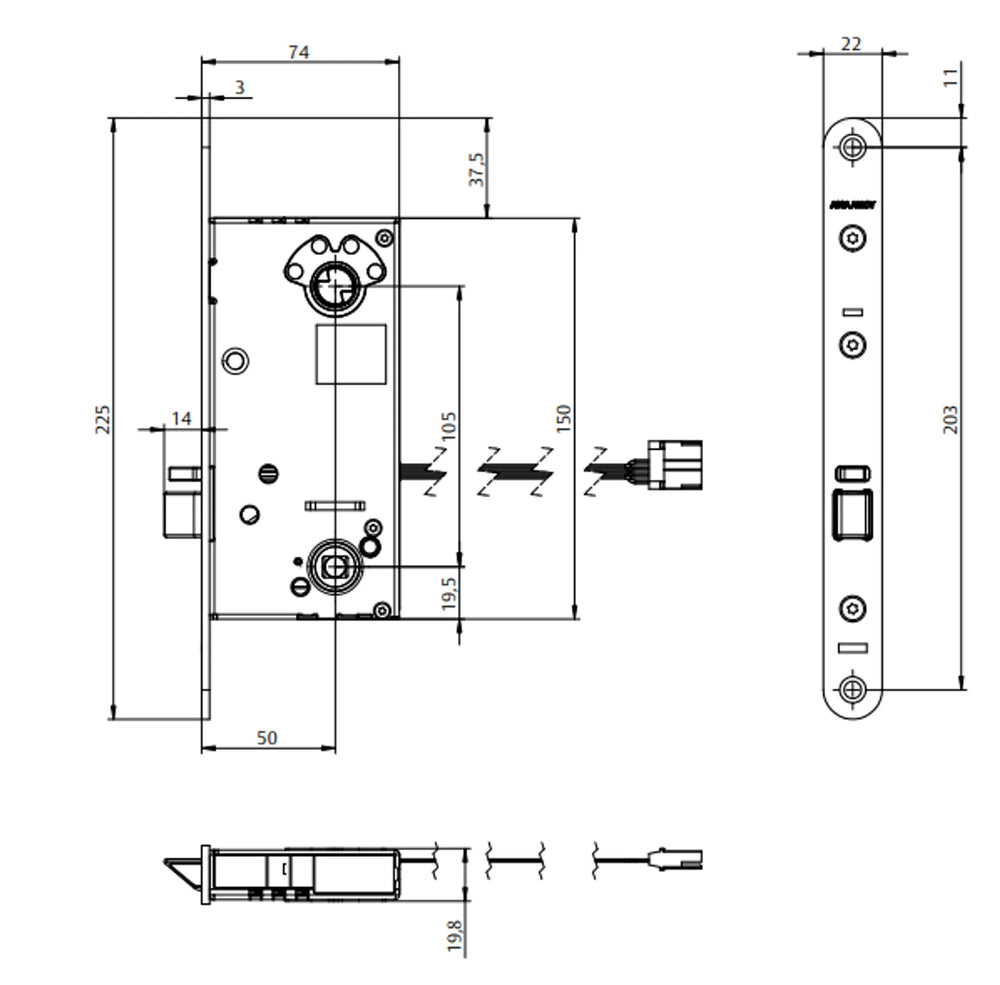 Måttskiss ASSA ABLOY Velox analogt Eltryckeslås 813-50