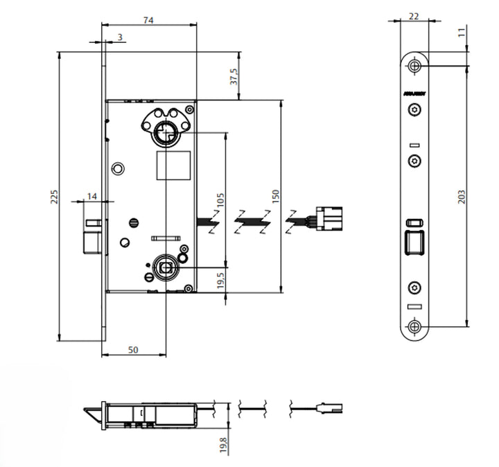 Måttskiss ASSA ABLOY Velox analogt Eltryckeslås 815-50