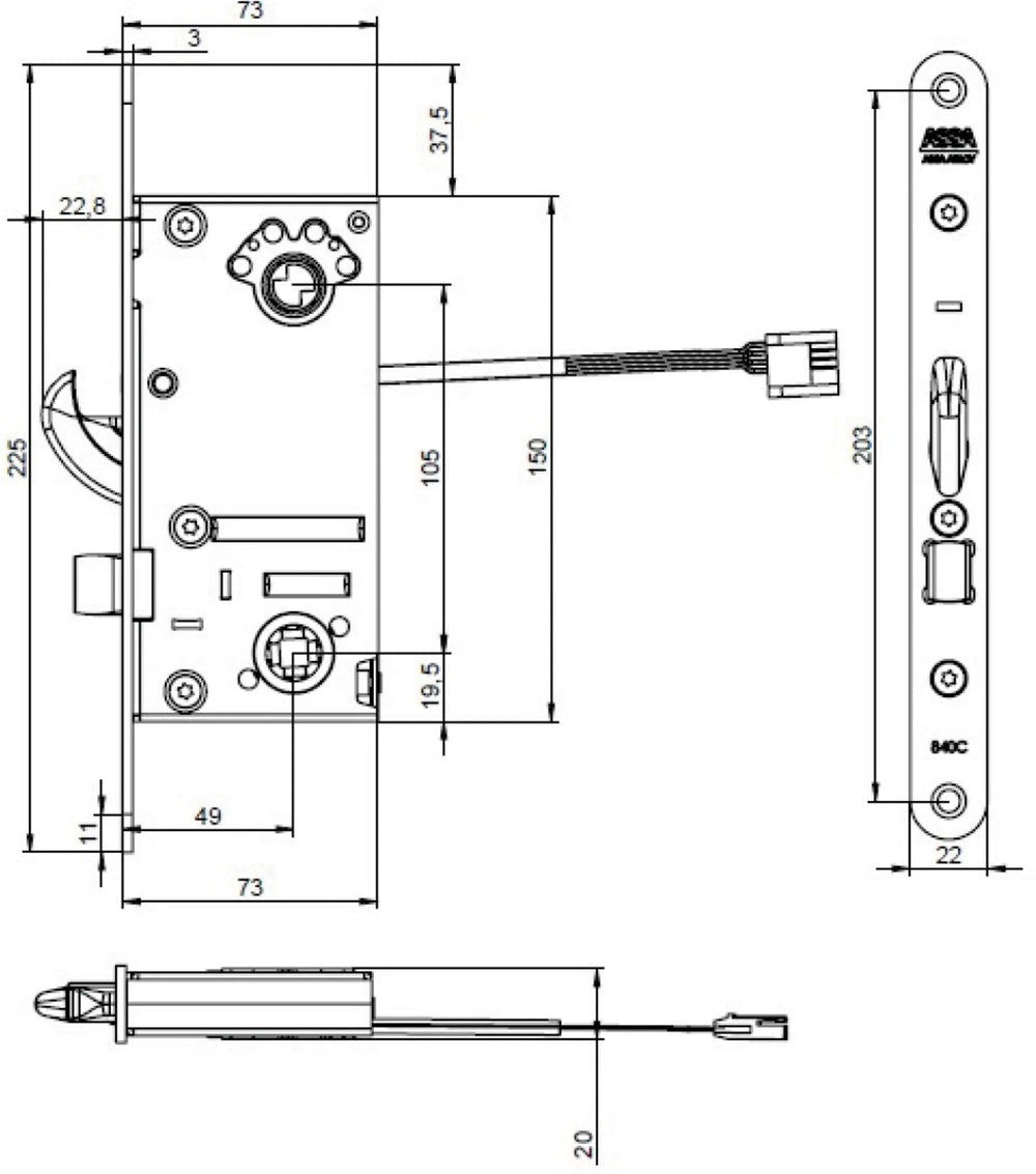 Måttskiss ASSA motorlås 840C-841C