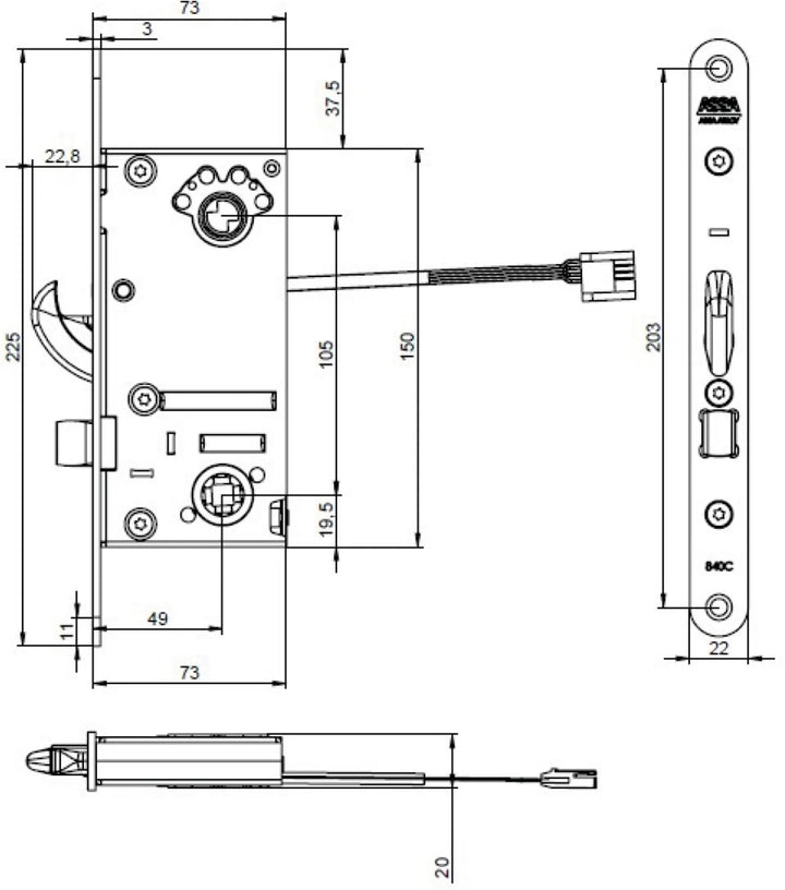 Måttskiss ASSA motorlås 840C-841C