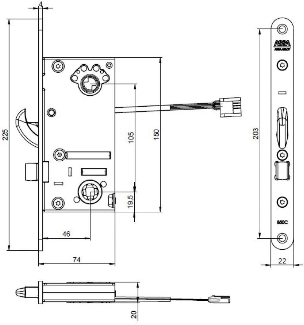 Måttskiss ASSA motorlås 850C-851C