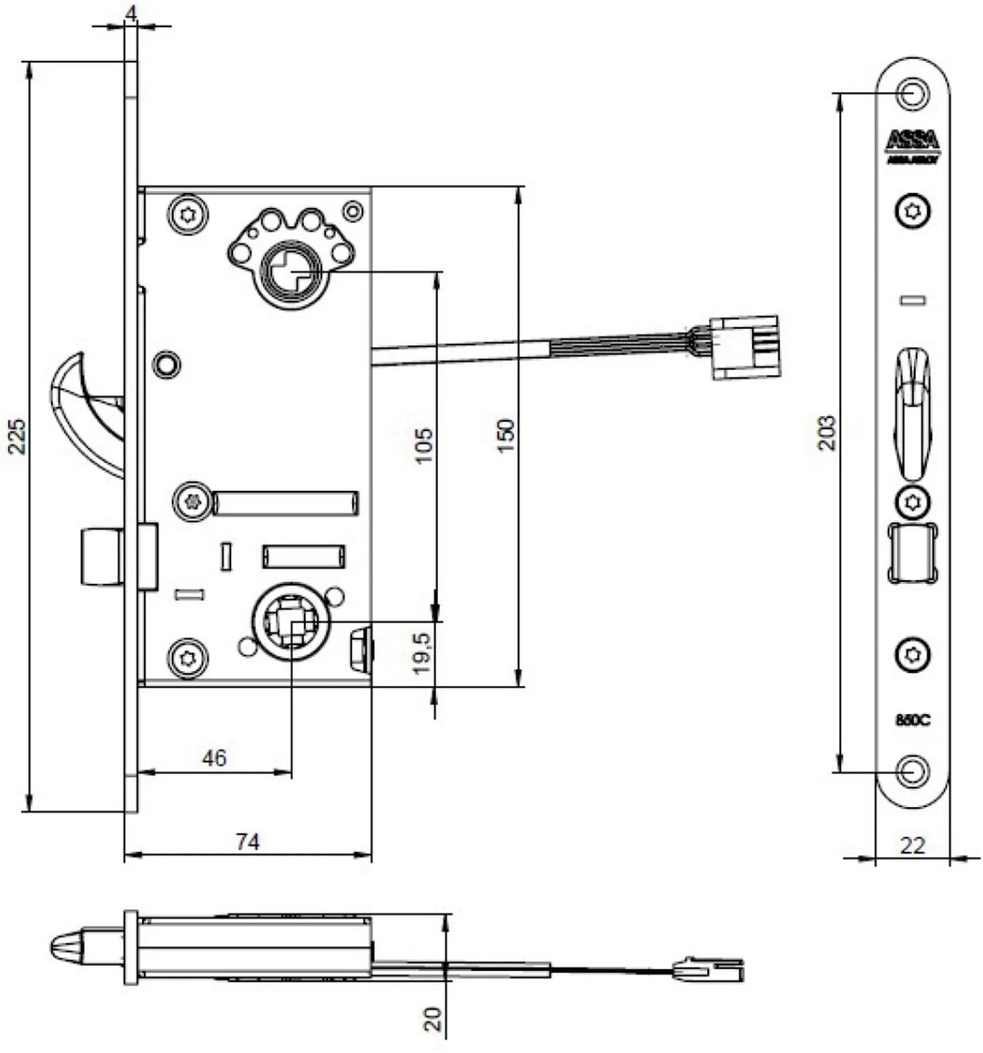 Måttskiss ASSA motorlås 850C-851C