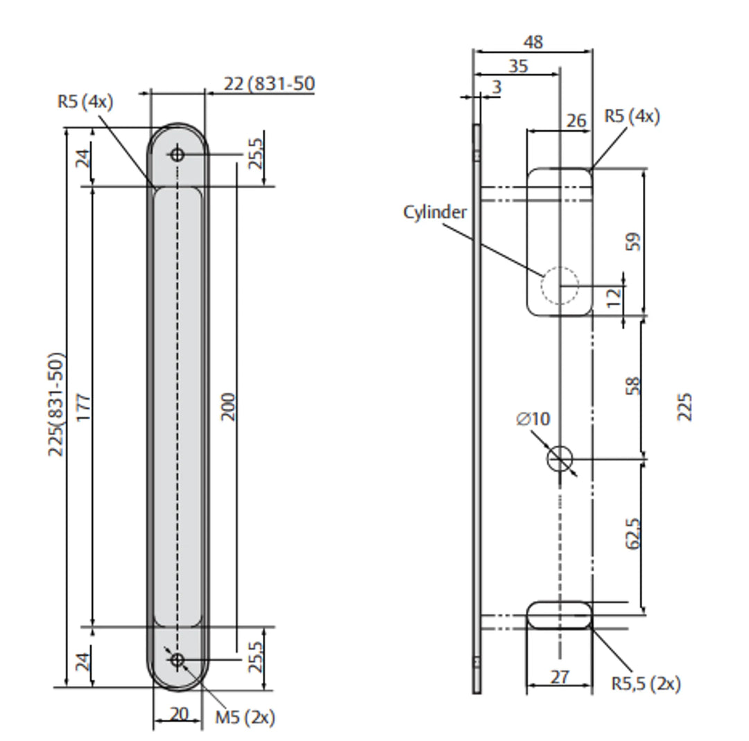 Måttskiss låshus 830C-831C