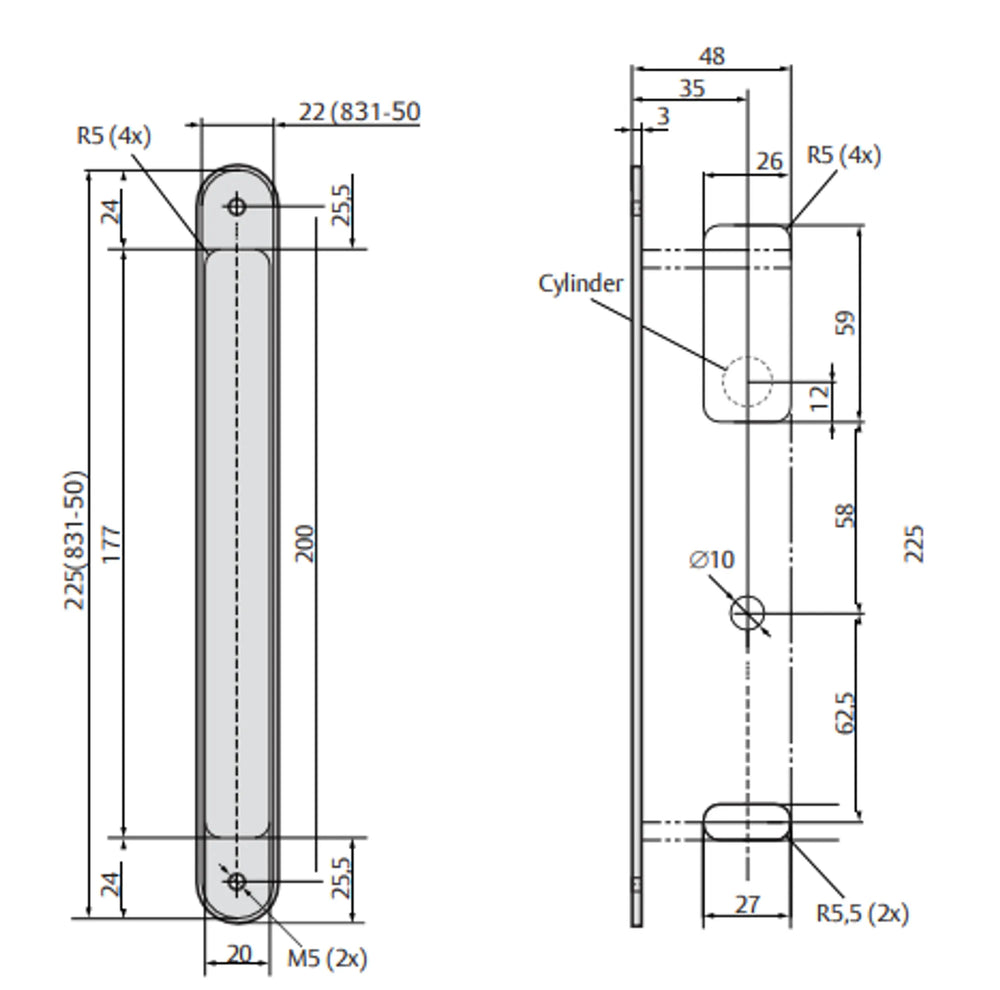 Måttskiss låshus 830C-831C