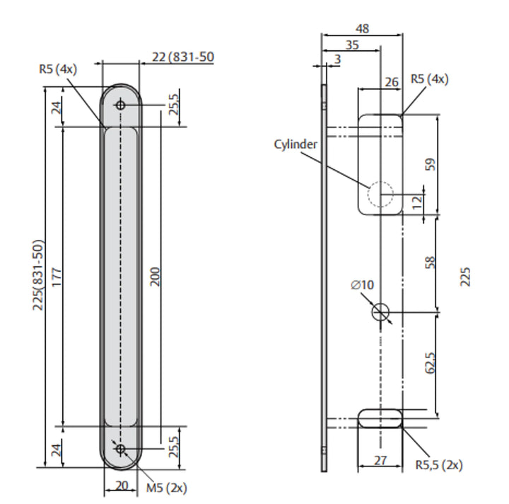 Måttskiss låshus 830C-831C